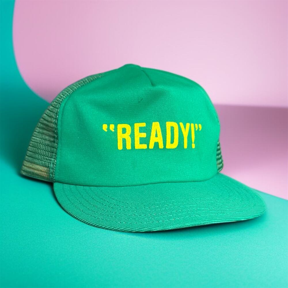 VINTAGE 80s Trucker Hat Green Graphic Print Snapback Retro Mesh Adjustable